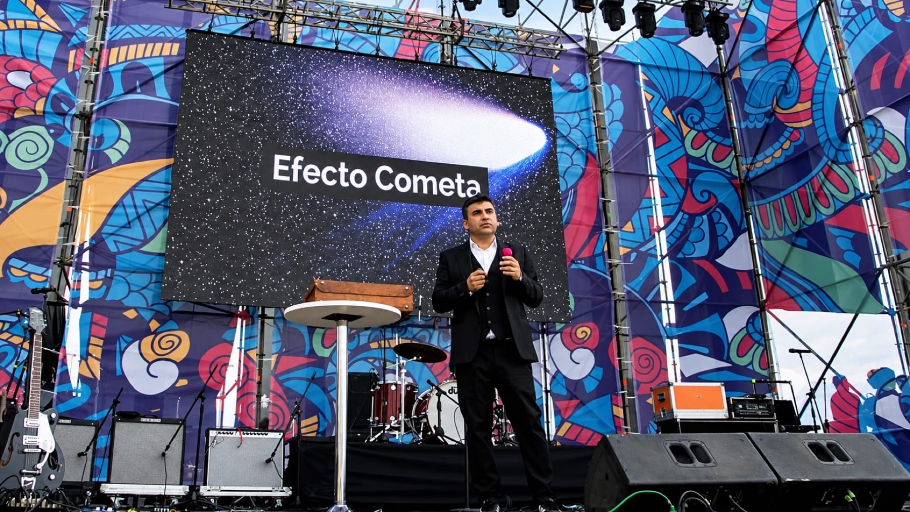Conferencia de Luis Albornoz en un escenario al aire libre