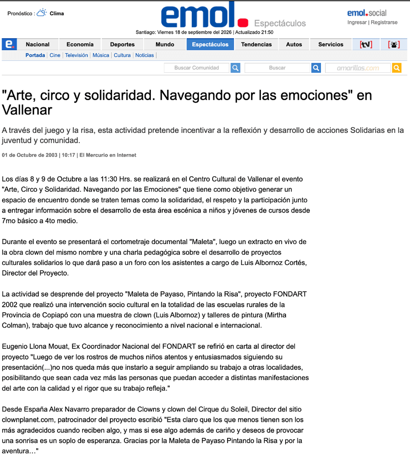 Nota de Emol sobre Arte, circo y solidaridad en Vallenar