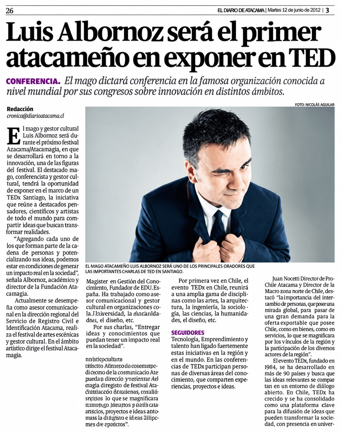 Nota de El Diario de Atacama sobre la participación de Luis Albornoz en TEDxSantiago