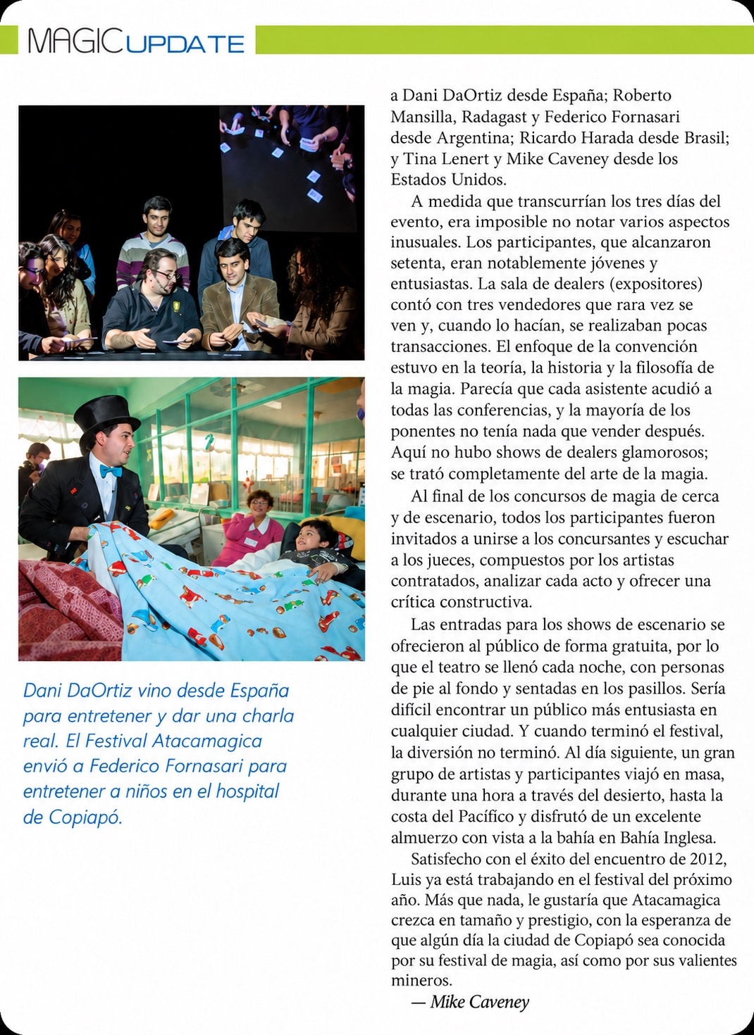Segunda página en español del artículo Magia en el fin del mundo sobre Festival Atacamagica