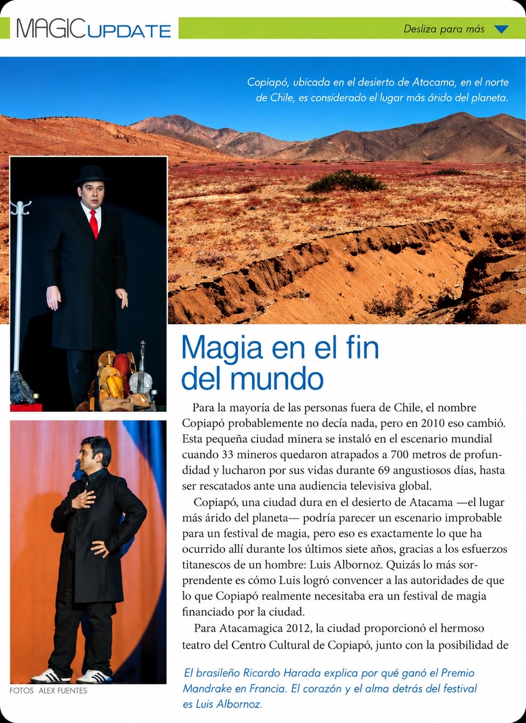 Primera página en español del artículo Magia en el fin del mundo sobre Festival Atacamagica