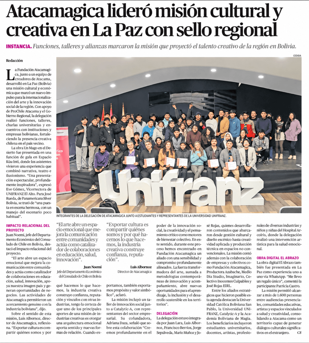 Nota de El Diario de Atacama titulada Atacamagica lideró misión cultural y creativa en La Paz con sello regional