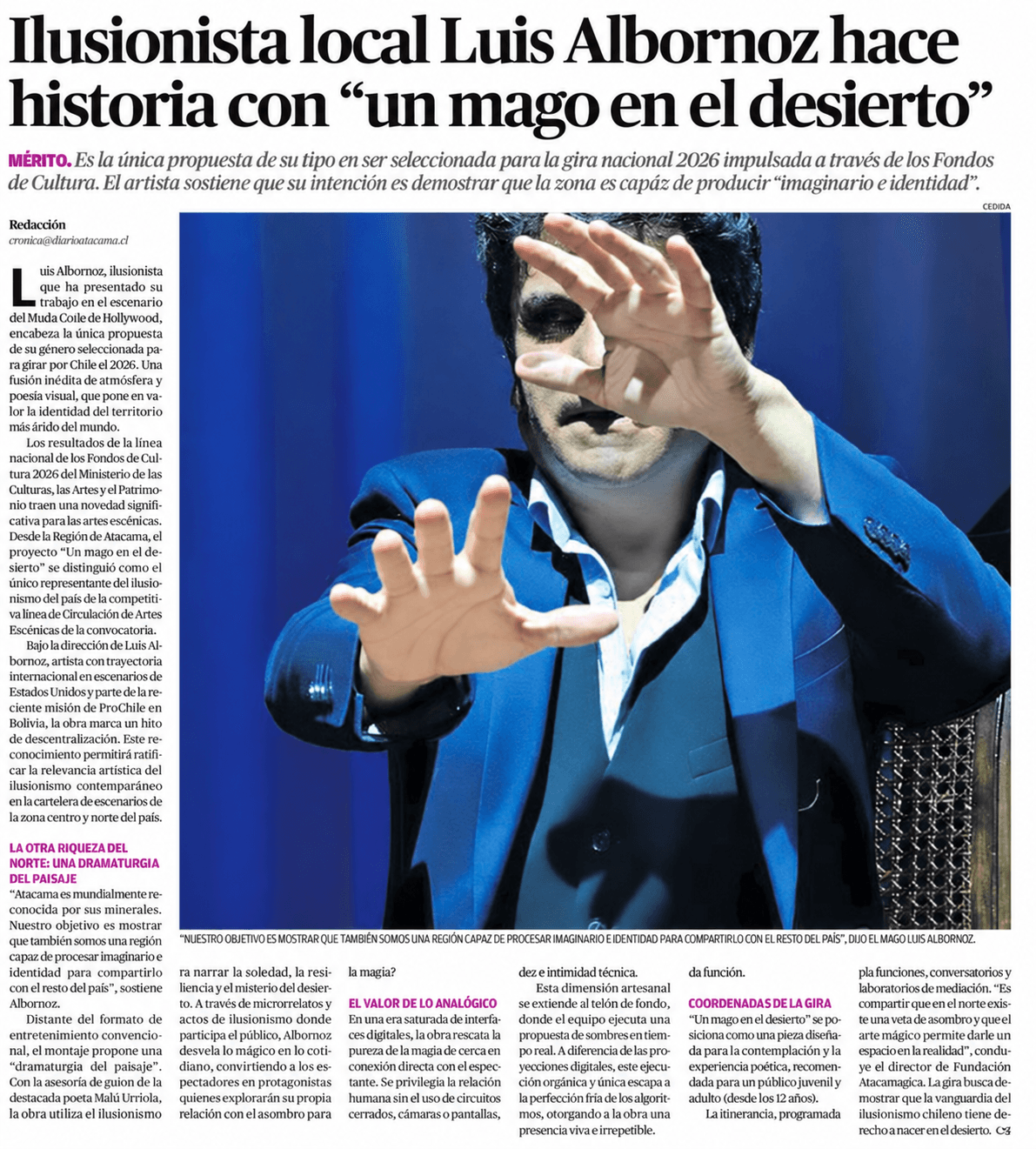 Nota de El Diario de Atacama titulada Ilusionista local Luis Albornoz hace historia con Un mago en el desierto